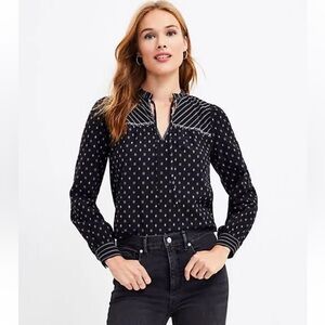 Loft Clip Stripe Ruffle Tie Neck Blouse in Black Size M